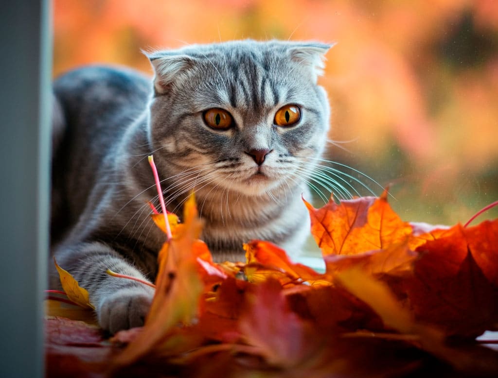 Gato plegable escocés 1 Gato Escocés de pliegue jugando con hojas de otoño en el suelo