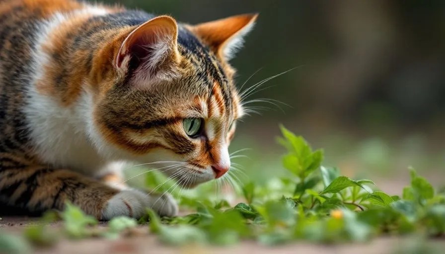 Hierba gatera 3 Gato olfateando hojas de hierba gatera