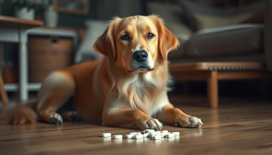 Impromune para perros 2 Un perro saludable y tranquilo sentado junto a unas tabletas en el suelo, representando un medicamento seguro y efectivo para mejorar el sistema inmunológico del perro