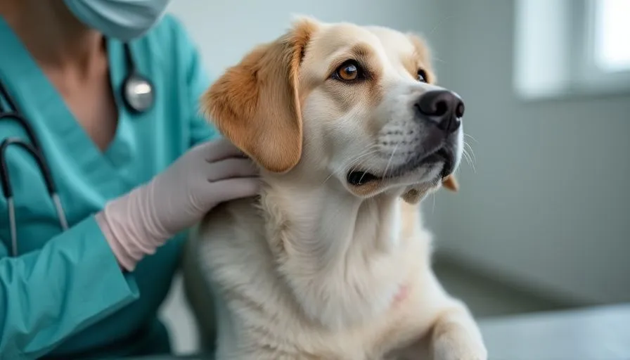 Inflamación de las glándulas paraanales en perros 1 Primer plano de un perro con signos de inflamación en las glándulas paraanales, mientras un veterinario lo prepara para el tratamiento