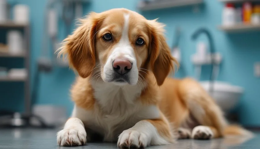 Insuficiencia renal en perros 3 Perro mostrando síntomas de insuficiencia renal, incluyendo debilidad y abdomen hinchado, en una clínica veterinaria