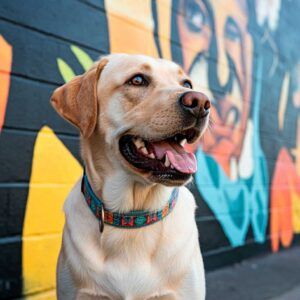 Labrador Retriever 8 Labrador amarillo posando frente a un mural colorido