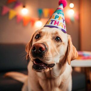 Labrador Retriever 4 Labrador amarillo con un sombrero de cumpleaños