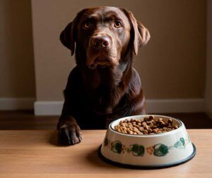 Labrador Retriever 7 Labrador marrón frente a un plato de comida