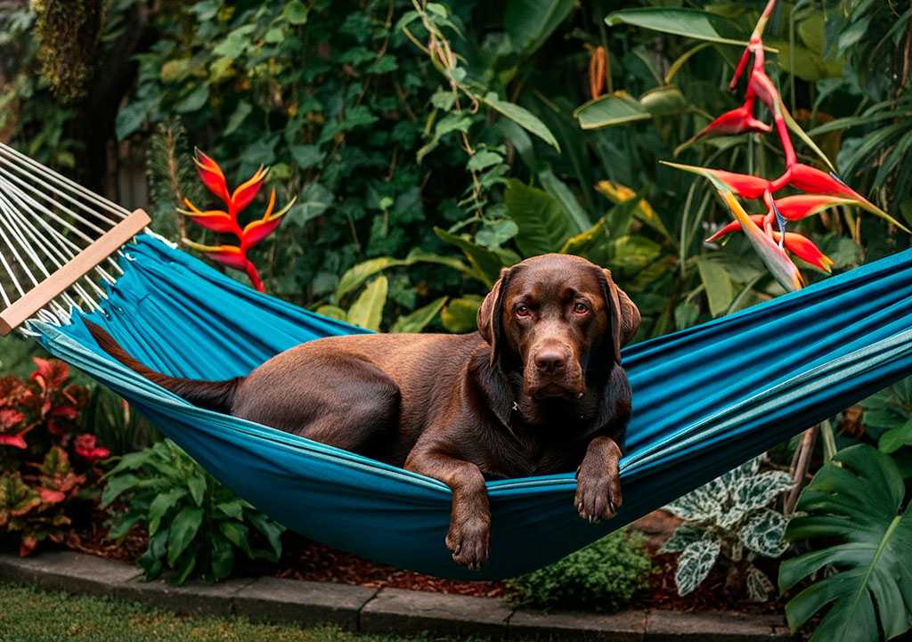 Labrador Retriever 1 Labrador marrón descansando en una hamaca azul