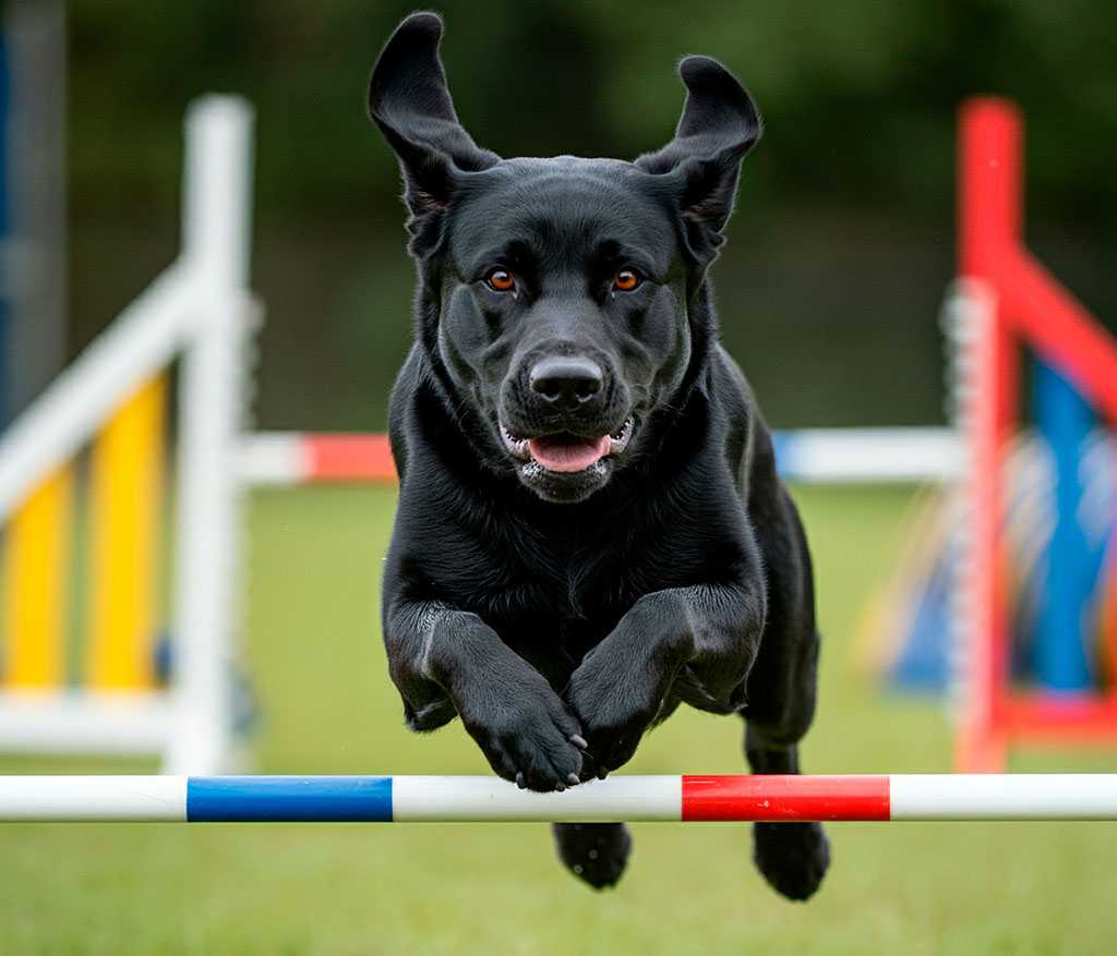 Labrador Retriever 6 Labrador negro saltando en una pista de agilidad
