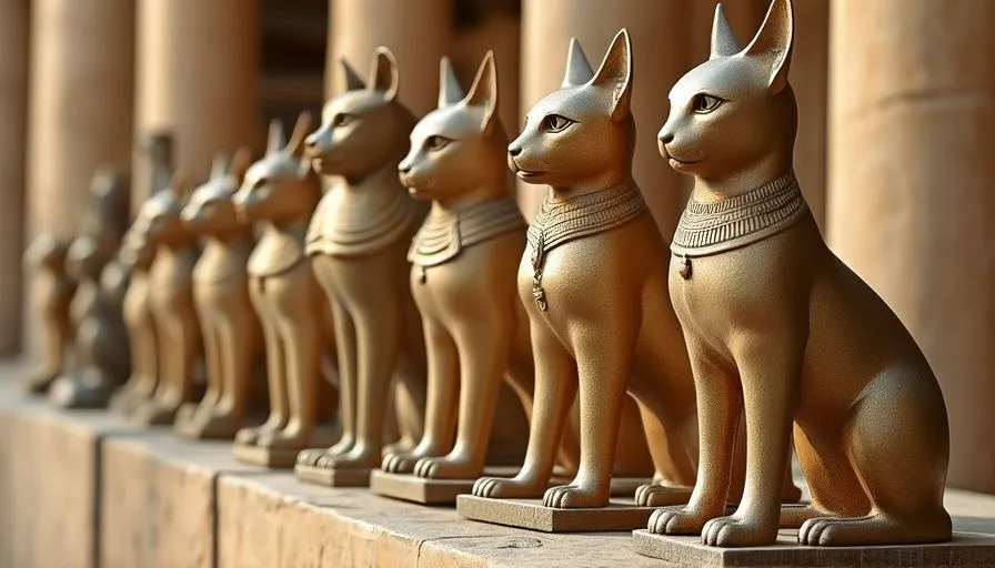 Leyendas sobre gatos 2 Estatuas de gatos en un templo egipcio antiguo, simbolizando el culto a la diosa Bastet