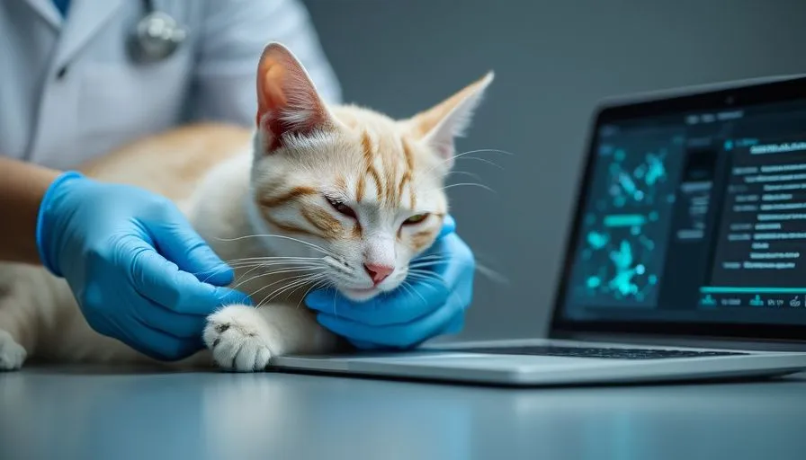 Un gato tranquilo siendo sujetado por un veterinario con guantes mientras un ordenador muestra datos en pantalla