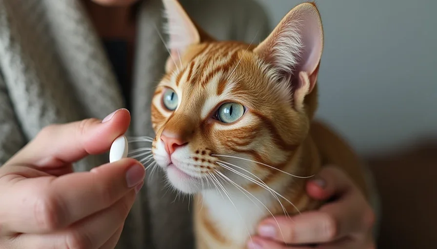 El dueño le da una pastilla a su gato para el tratamiento de parásitos
