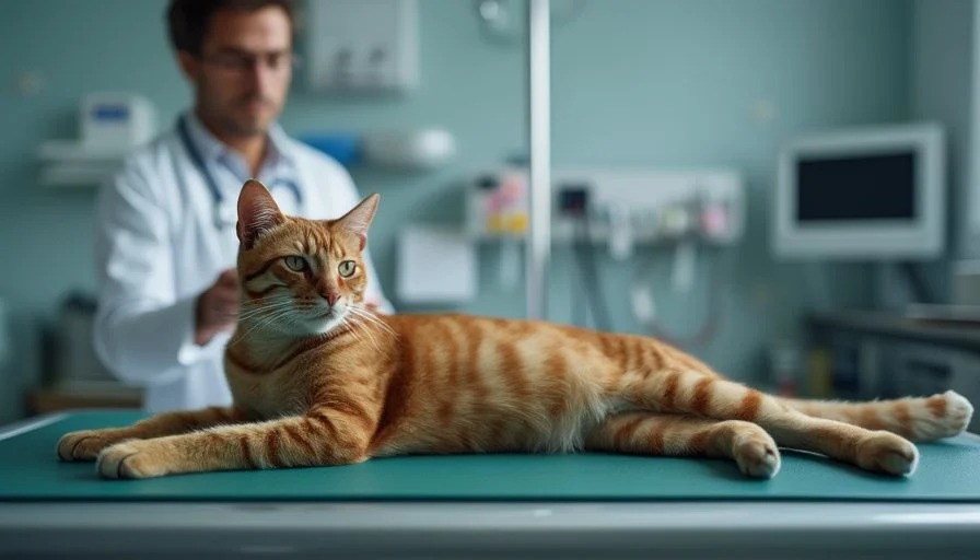 Piómetra en gatos 2 Veterinario examinando a una gata enferma en una clínica, posiblemente con síntomas de piómetra