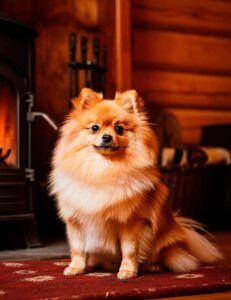 Spitz de Pomerania 2 Pomerania sentado junto a una chimenea en una cabaña.