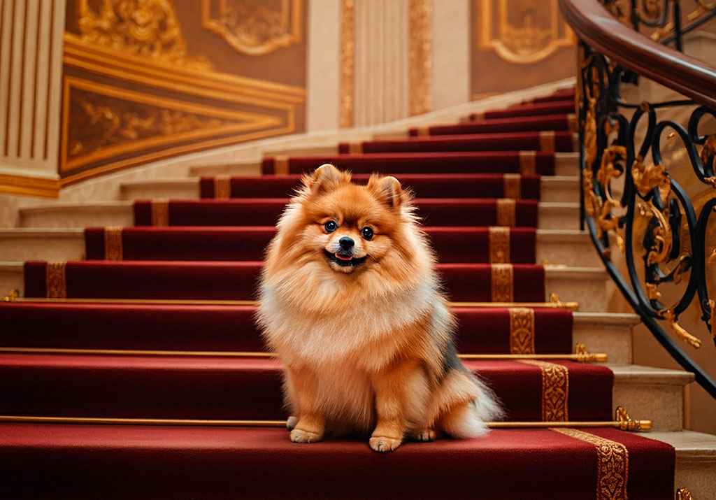 Spitz de Pomerania 3 Pomerania sentado en una lujosa escalera alfombrada.