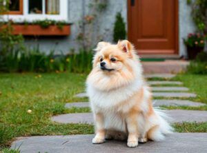 Spitz de Pomerania 4 Pomerania sentado en un jardín frente a una casa.