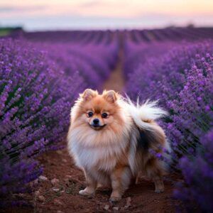 Spitz de Pomerania 5 Pomerania posando en un campo de lavanda al atardecer.