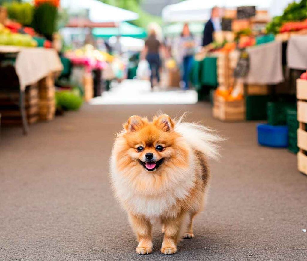 Spitz de Pomerania 9 Pomerania caminando en un mercado al aire libre.