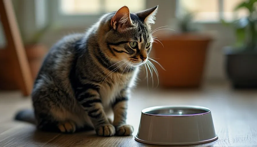 ¿Por qué el gato no bebe agua? 4 Gato sentado junto a un cuenco de agua limpio, mirando con curiosidad