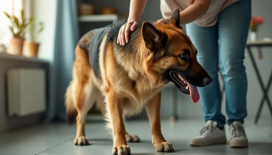 Pastor alemán con problemas en las patas traseras siendo ayudado por su dueño en una clínica veterinaria