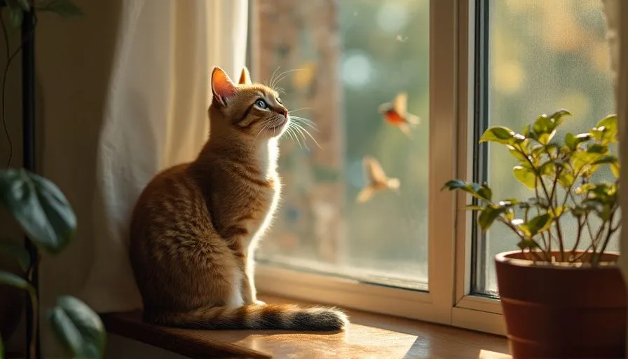 Un gato doméstico sentado en el alféizar, mirando por la ventana, mientras afuera vuelan pájaros, creando una atmósfera de curiosidad