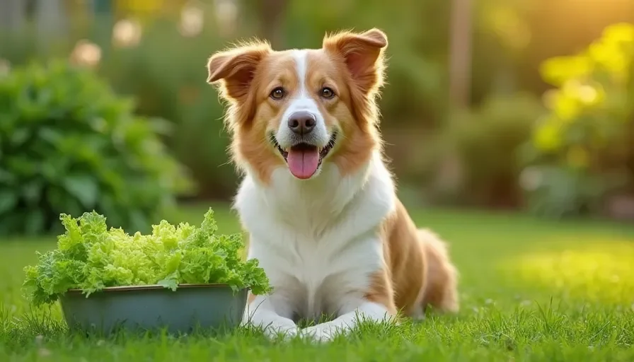 ¿Pueden los perros comer ensalada? 2 Un perro feliz sentado en un césped verde junto a un tazón lleno de hojas frescas de lechuga
