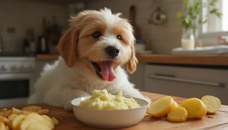 Perro feliz con un plato de puré de patatas en una cocina