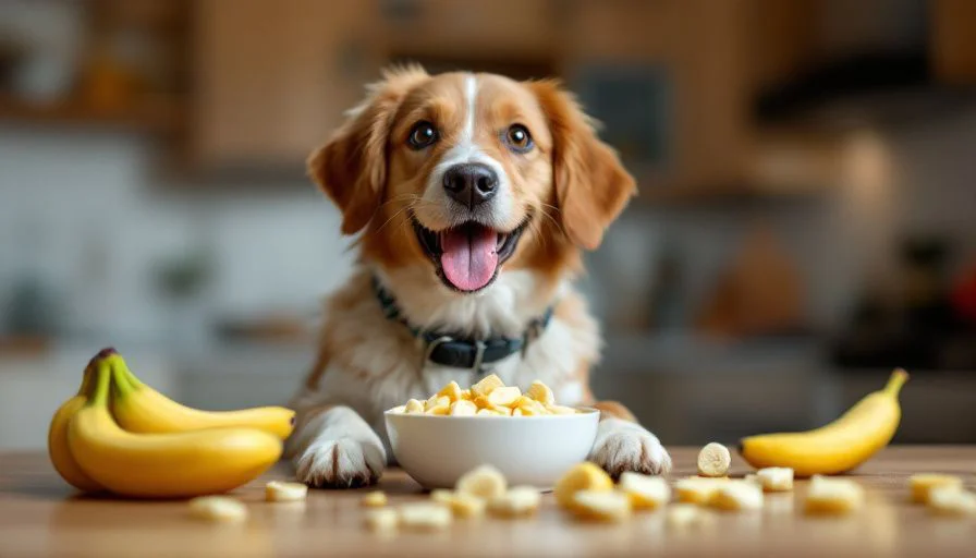 ¿Pueden los perros comer plátanos? 5 Perro feliz sentado en la cocina con un bol de plátanos, rodeado de plátanos frescos