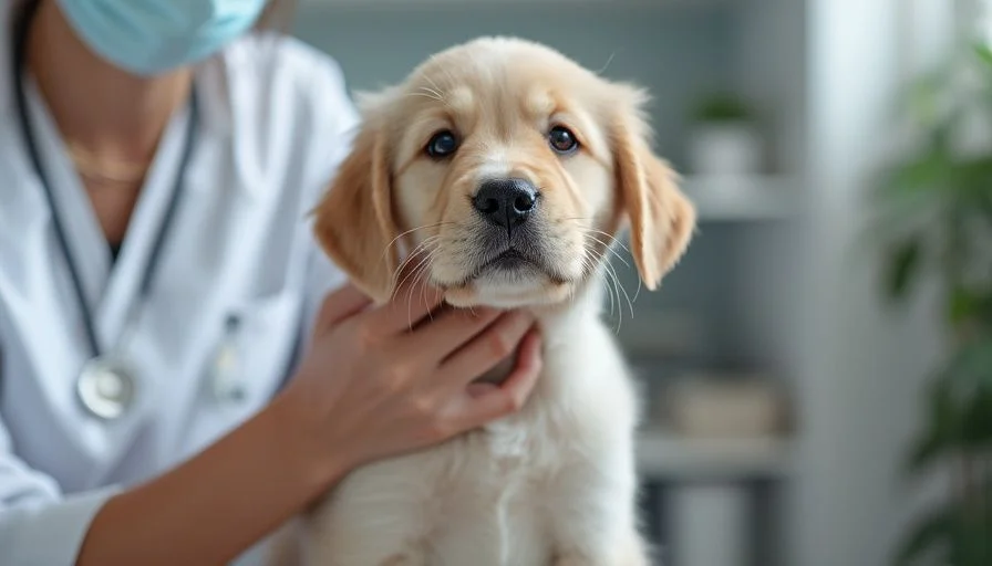 ¿Qué vacunas deben recibir los cachorros? 3 Un cachorro tranquilo siendo vacunado por un veterinario en una clínica bien iluminada