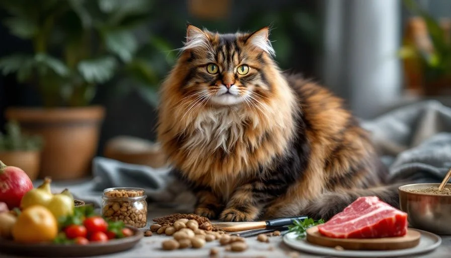 Gato Maine Coon con su comida, destacando la nutrición adecuada para su salud y bienestar