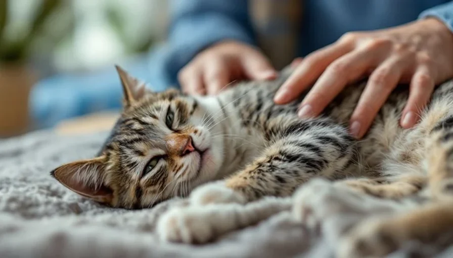 Gato enfermo de rinotraqueítis recostado en un ambiente cómodo mientras es cuidado