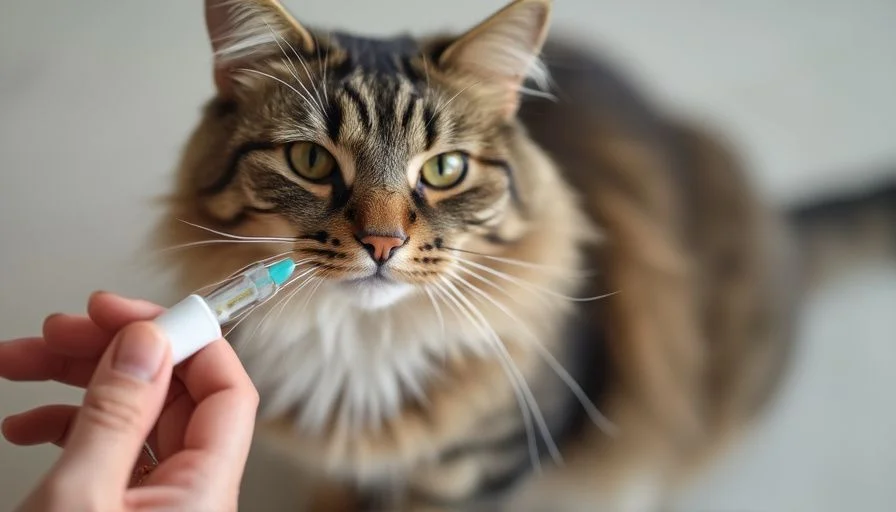 Primer plano de un gato con un pelaje sano mientras se aplica un tratamiento antiparasitario