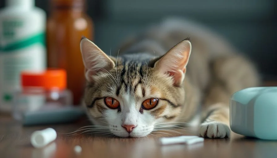 Gato enfermo con ojos inflamados rodeado de suministros médicos, representando los síntomas de toxoplasmosis