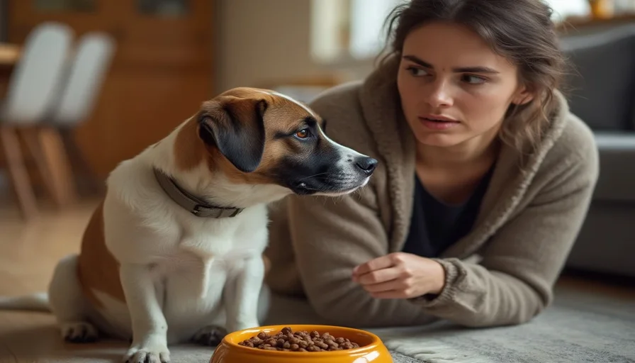 ¿Tu perro no come? Qué hacer para recuperar el apetito 2 Mujer preocupada observa a su perro que se niega a comer, sentado frente a su plato de comida lleno
