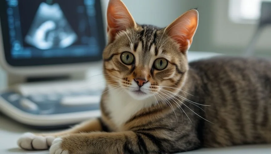 Gato doméstico de pelo corto recostado junto a equipo veterinario con una máquina de ultrasonido en el fondo, destacando el diagnóstico de la urolitiasis