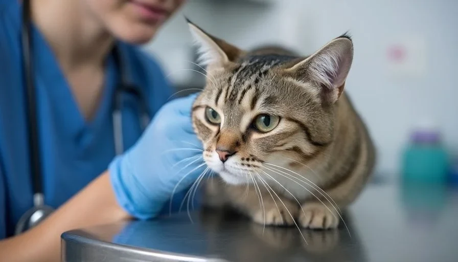Virbagen Omega para gatos 3 Veterinario con un gato tranquilo en una clínica, preparándose para una inyección antiviral