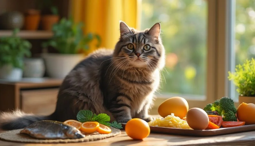 Gato saludable y feliz con un pelaje brillante, rodeado de alimentos ricos en vitaminas como pescado, huevos y verduras