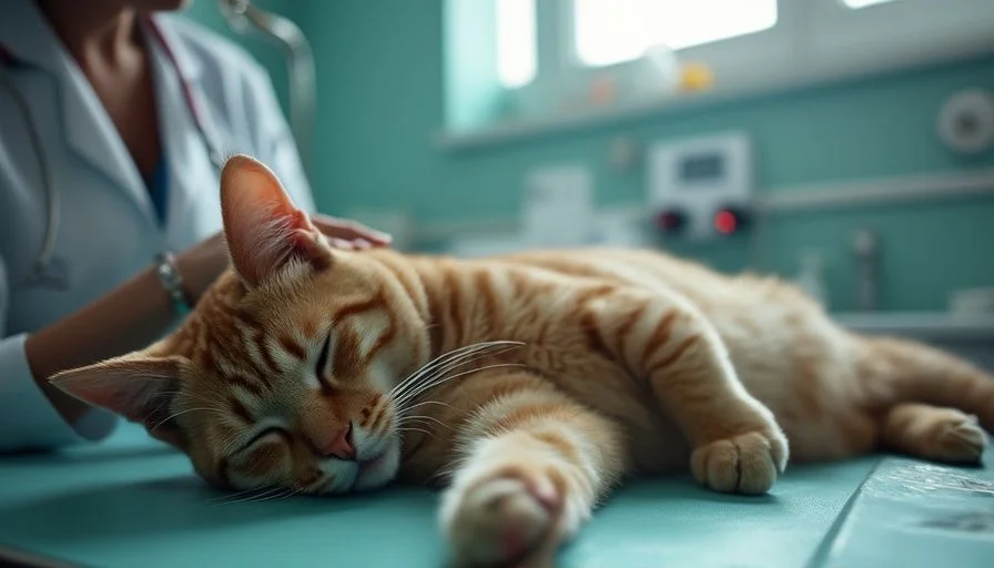Gato recibiendo atención veterinaria acostado en una clínica tranquila