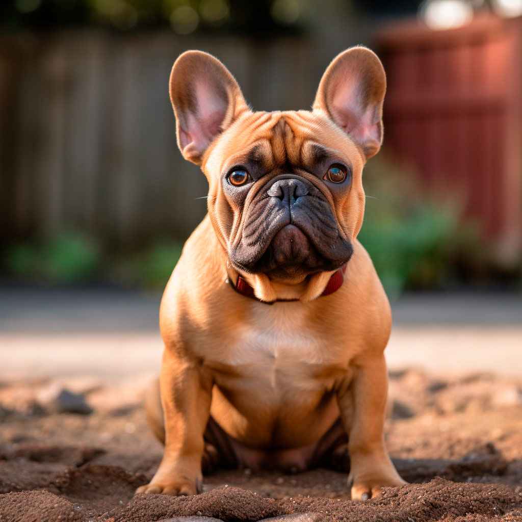Cachorro de bulldog francés marrón claro sentado al aire libre con expresión atenta.