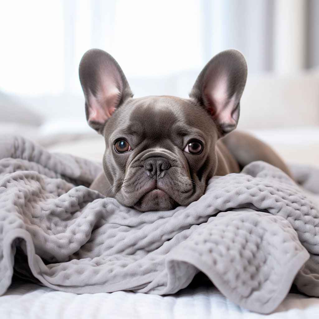 Bulldog francés gris claro, acostado sobre una manta de textura suave en una cama.