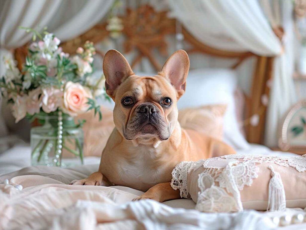Bulldog francés crema recostado en una cama elegante, rodeado de flores.
