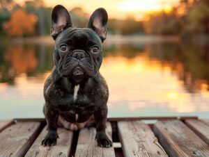 Bulldog francés negro en un muelle de madera con un fondo de puesta de sol.