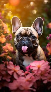 Bulldog francés con lengua fuera rodeado de flores coloridas al aire libre.