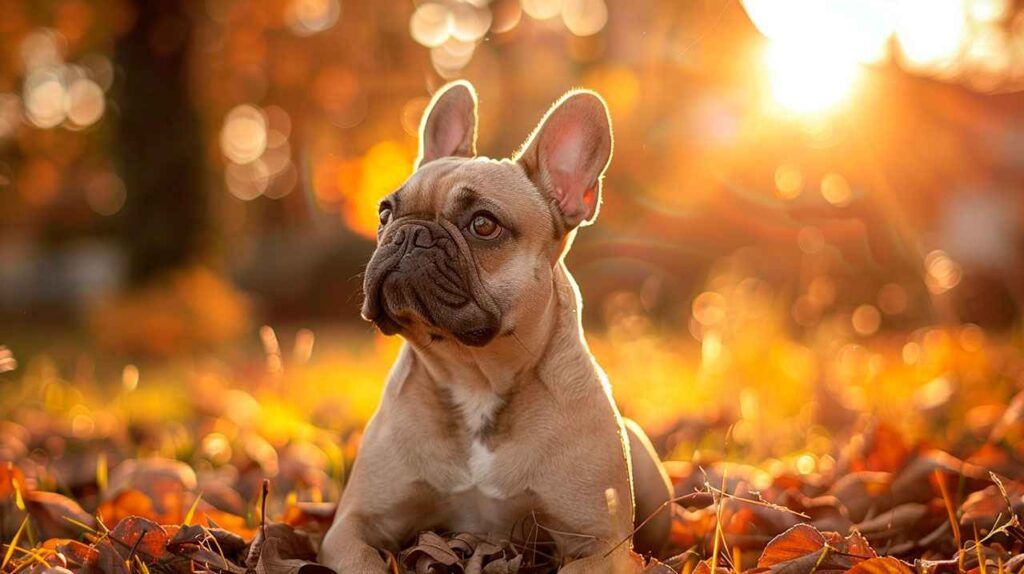 Bulldog francés marrón claro, rodeado de hojas otoñales y luces suaves.
