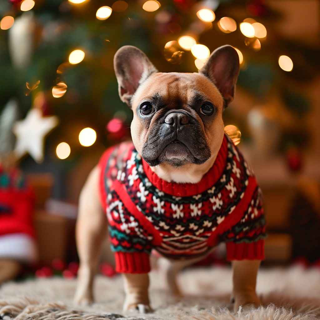Bulldog francés marrón claro con suéter navideño frente a un árbol decorado.