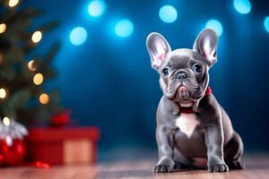 Cachorro de bulldog francés gris sentado frente a luces navideñas y decoraciones.