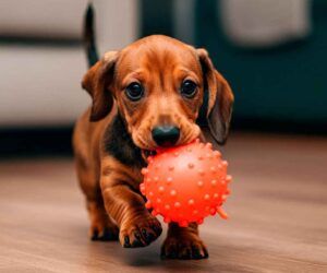 Perro salchicha 9 Cachorro de perro salchicha jugando con una pelota de goma naranja.