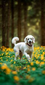 Caniche 5 Caniche caminando entre flores en un bosque.