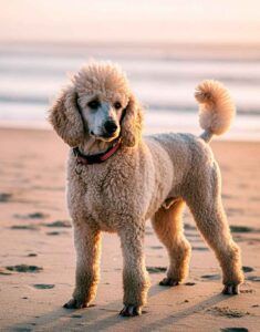 Caniche 2 Caniche en la playa al atardecer, mirando al horizonte.