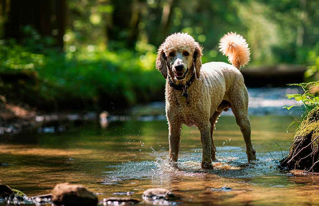Caniche 6 Caniche jugando en el agua en un río dentro de un bosque.