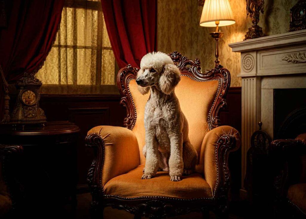 Caniche 3 Caniche sentado en un sillón antiguo en una habitación elegante.