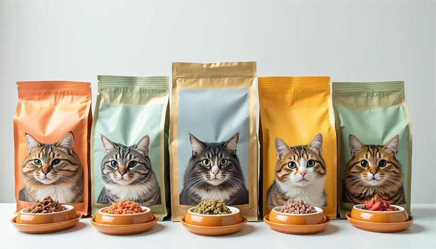 Clases de comida para gatos 4 Bolsas de comida para gatos de diferentes clases de calidad, incluyendo económica, premium y superpremium, con imágenes de gatos