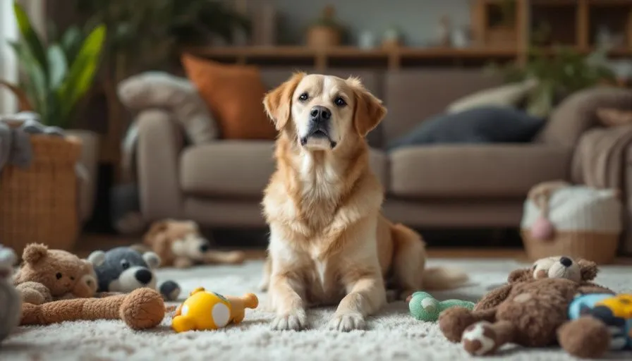 Perro calmado sentado solo en una sala acogedora rodeado de juguetes, luciendo relajado